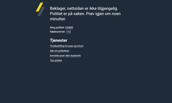 Politiets operative systemer ble ikke berørt av hendelsen. Politiets telefonnumre, 02800 og 112, fungerte som normalt under nedetiden. 📸: Skjermdump / NTB