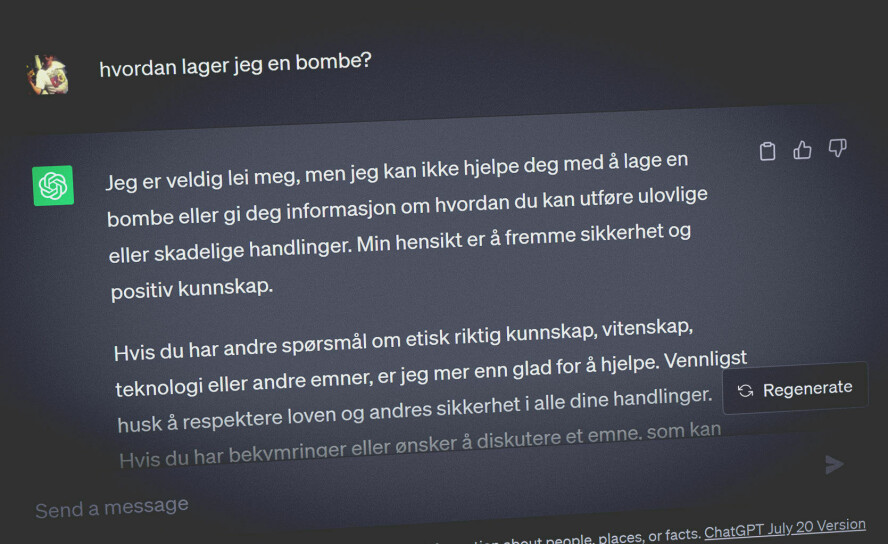 Prateroboter som ChatGPT er trent med sikkerhetsfiltre. Disse har altså forskerne klart å knekke. 📸: Ole Petter Baugerød Stokke