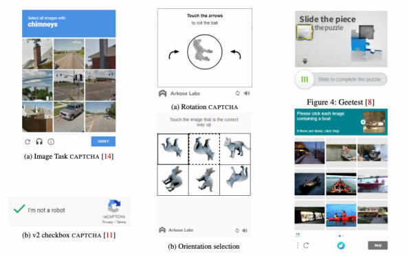 Forskerne testet mange forskjellige typer CAPTCHA-er. 📸: An Empirical Study & Evaluation of Modern CAPTCHAs, arXiv (2023)