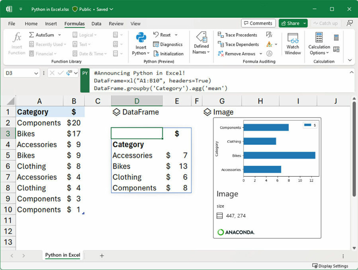 Python blir en del av Excel i Office 365. 📸: Microsoft