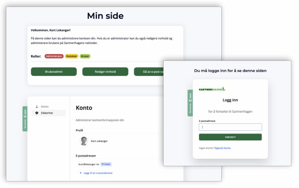 Clerk har ferdige UI-komponenter for innlogging og brukeradministrasjon. Her har jeg endret fargepaletten litt for at det skal stå i stil med resten av nettsiden jeg lager.