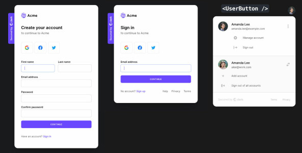 Noen av UI-komponentene. UserButton-komponenten lengst til høyre lar brukere bytte mellom kontoer.