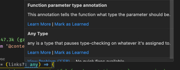 Bølgete, blå understreking betyr at Total TypeScript har lyst til å lære deg noe. Du får lenker til TypeScript-dokumentasjonen, og kan merke ting som 'lært' hvis du vil bli kvitt understrekingen.