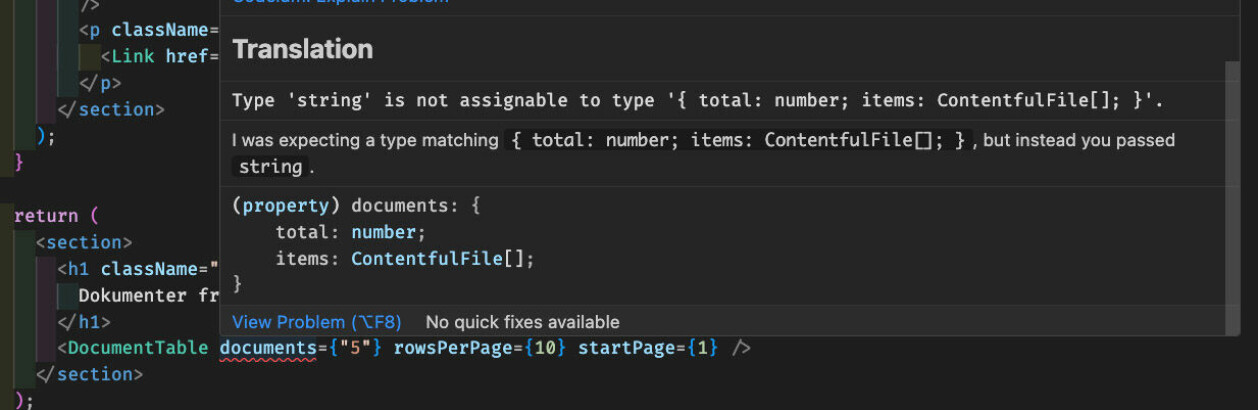 Med Total TypeScript i VS Code får du en mer lettlest forklaring på typefeilene.