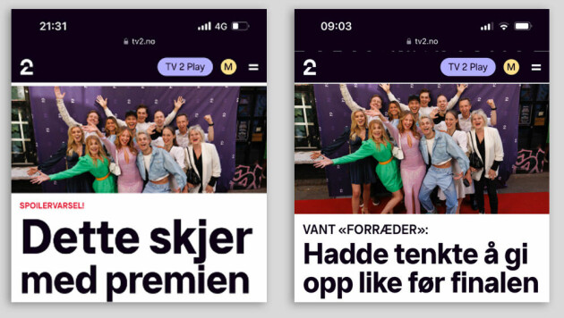 Eksempler på artikler som ble lagt ut rett etter finalen i Forræder sesong 2. Titlene er skrevet spesifikt for å unngå spoilere, men introene er vage og klikkraten dårlig. Å fjerne nyheten fra en nyhet skaper rett og slett lite engasjement. 📸: TV 2