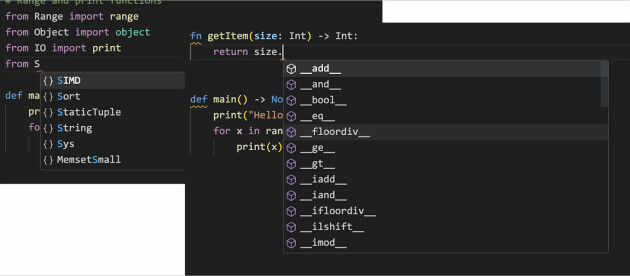 Kodefullføring i VS Code. Skjermbildet til venstre viser tilgjengelige moduler og typer. Bildet til høyre viser tilgjengelige funksjoner for 'Int'-structen. 📸: Modular