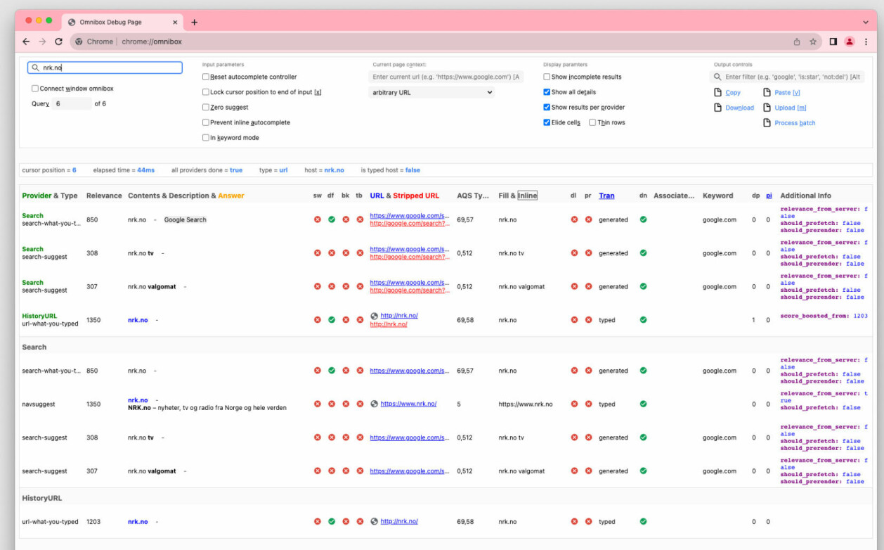 I Chrome kan man sjekke hva omniboxen gjør ved å taste inn chrome://omnibox for å komme til nettleserens innebygde debuggingsverktøy. 📸: Bug-rapport på Chromium.org