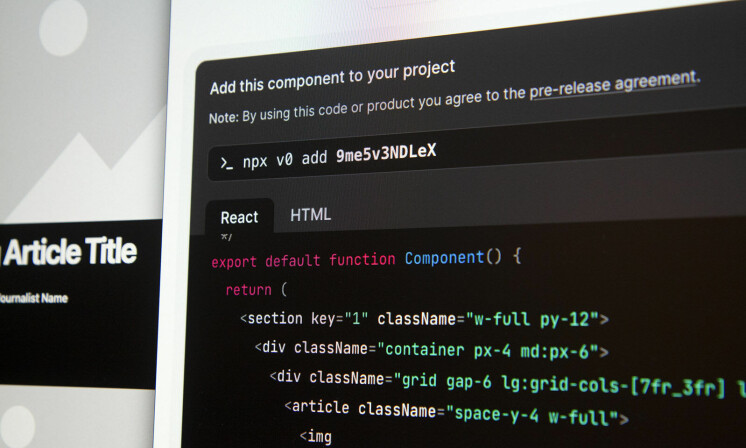 Du får ut fiks ferdige React-komponenter som du kan installere med kommandoen 'npx v0 add'. 📸: Kurt Lekanger