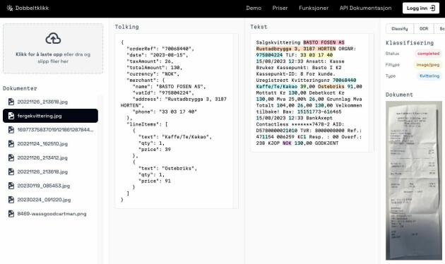 Du kan dra og slippe inn dokumenter i ulike formater, og få det ut som JSON. Her har artikkelforfatteren prøvd å skanne kvittering på den overprisede lunsjen på Moss/Horten-ferga.