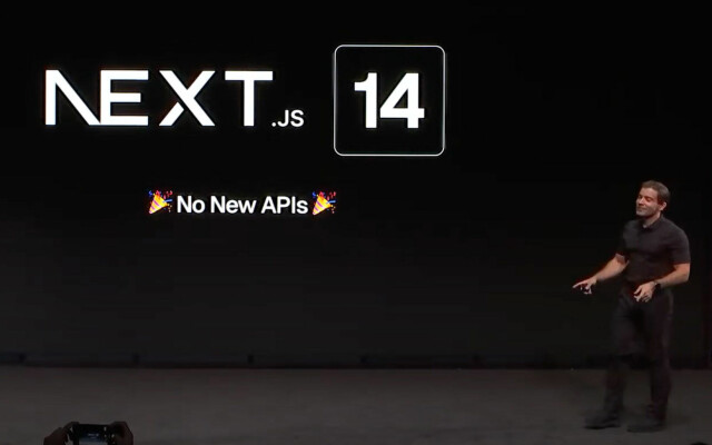 En av de største nyhetene i Next.js 14 er at det ikke er noe nytt. 📸: Skjermbilde, YouTube/Next.js Conf