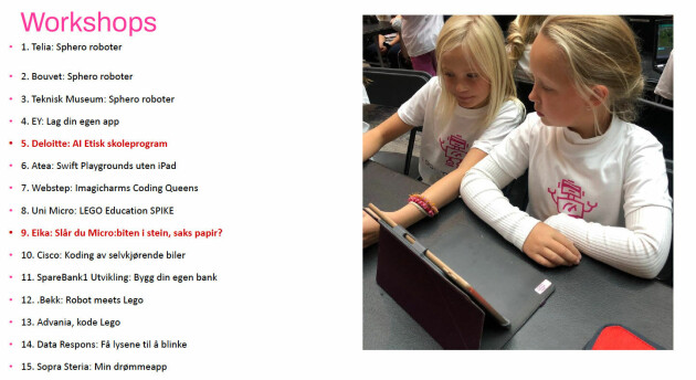 Det var 15 ulike workshops, der ulike selskaper i IT-bransjen hadde laget opplegget for barna.