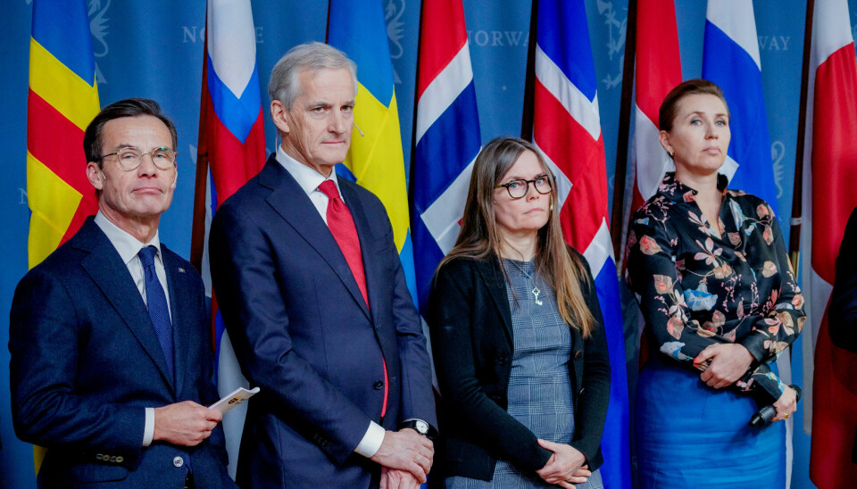 Sveriges statsminister Ulf Kristersson, Norges statsminister Jonas Gahr Støre, islands statsminister Katrín Jakobsdóttir og danmarks statsminister Mette Frederiksen på pressekonferansen med de nordiske statsministrene i regjeringens representasjonsanlegg. 📸: Ole Berg-Rusten / NTB