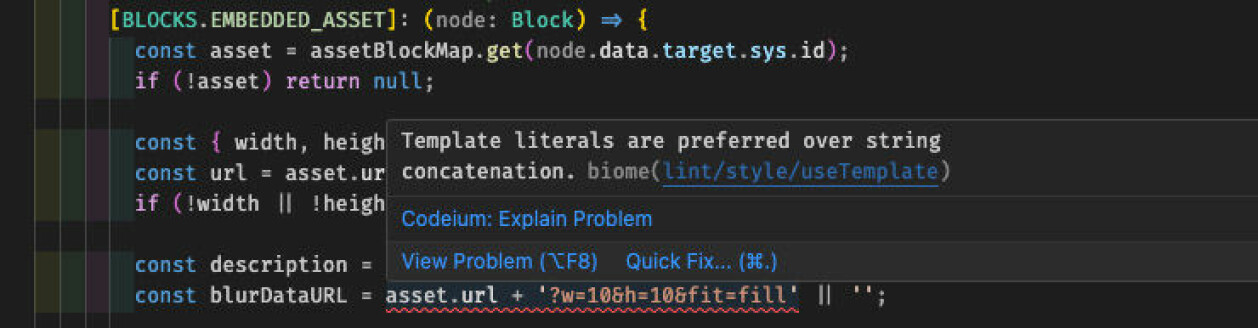 Biome viser linting-feil slik i VS Code, med lenke til forklaring av regelen. Kjører du linting fra kommandolinjen får du også beskjed om hvorvidt feilen er noe Biome kan fikse automatisk for deg.
