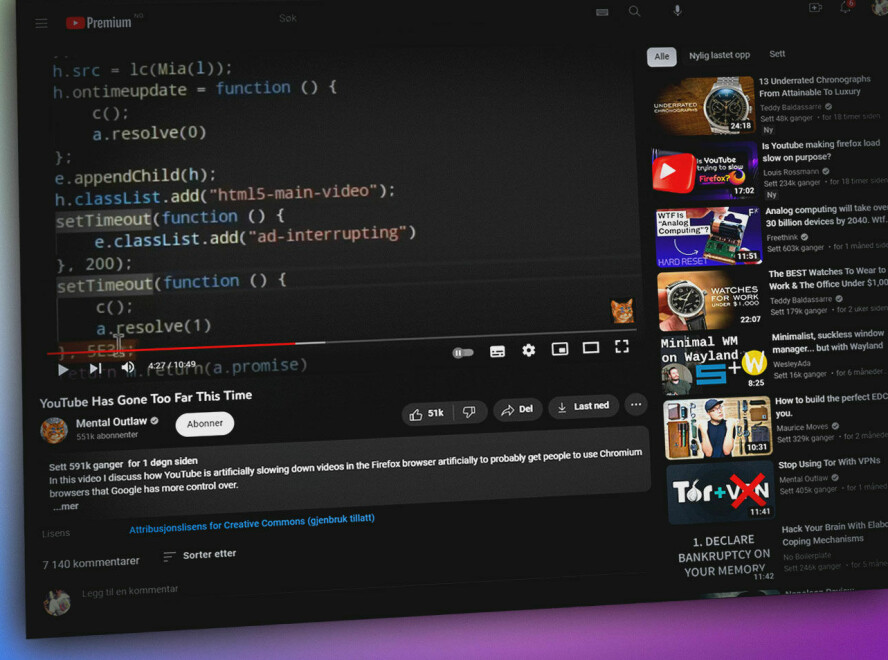 YouTube prøver stadig vekk å stoppe adblockere, men det siste forsøket med en setTimeout fikk noen utilsiktede konsekvenser. Denne videoen kan du se lenger ned i artikkelen. 📸: Ole Petter Baugerød Stokke