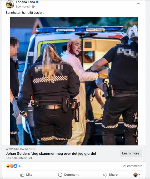Den falske saken fremstilles slik på Facebook. Bildet av Golden er også falskt, og det kan se ut til at det er brukt Photoshop. 📸: Skjermdump Facebook.