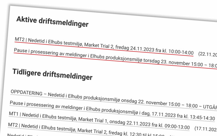 Mye nedetid hos Elhub skaper utfordringer for utviklere som må mellomlagre meldinger mens de venter på at systemene skal komme opp igjen. 📸: Skjermbilde fra elhub.no