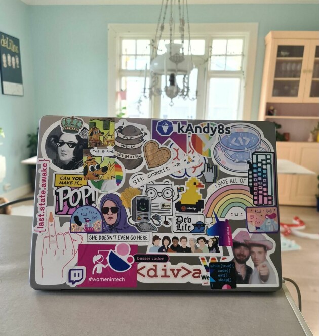 'Be-stickered laptop.'