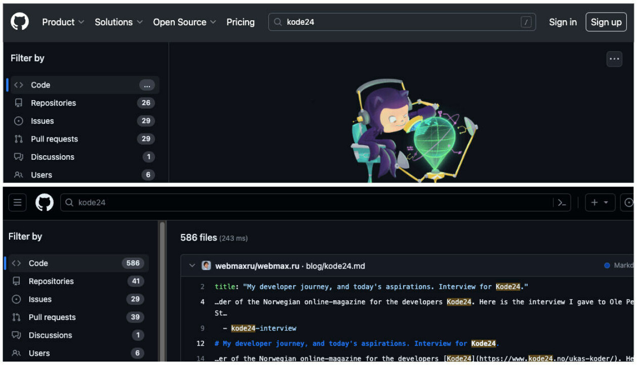 GitHub-kodesøk uten (øverst) og med (nederst) innlogget bruker.