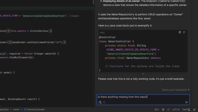 Som med Microsofts Copilot Chat kan du spørre JetBrains AI Assistant om alt mulig du lurer på om koding. 📸: JetBrains