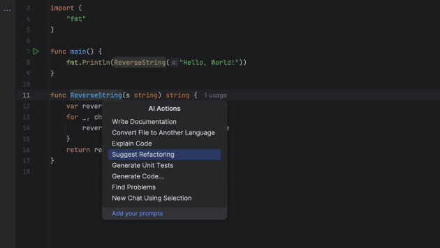 Høyreklikk på kode for å vise valg for refaktorering og andre oppgaver. 📸: JetBrains