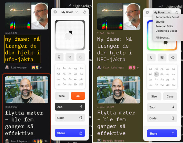 Med Boost-funksjonen kan du endre farger og fonter, enten via et UI som her – eller ved å skrive inn CSS og JavaScript. Hvis du lurer på hva Zap-knappen er, så fjerner den elementet du peker på fra DOM-en.