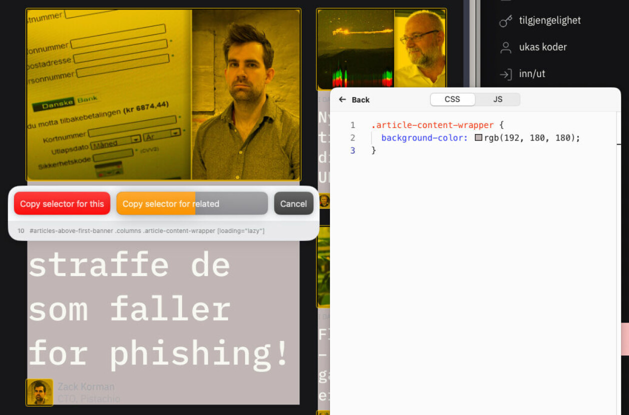 Når du har valgt å booste en nettside kan Arc hjelpe deg med å finne riktig selector, for eksempel en CSS-klasse, for et element du peker på på nettsiden. Så kan du skrive ny CSS for denne klassen.