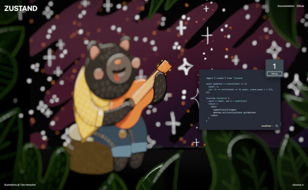 Zustand er et bra bibliotek du bør sjekke ut hvis du trenger mer avansert tilstandshåndtering enn det du får med 'vanilla React'. 📸: Skjermbilde fra Zustand