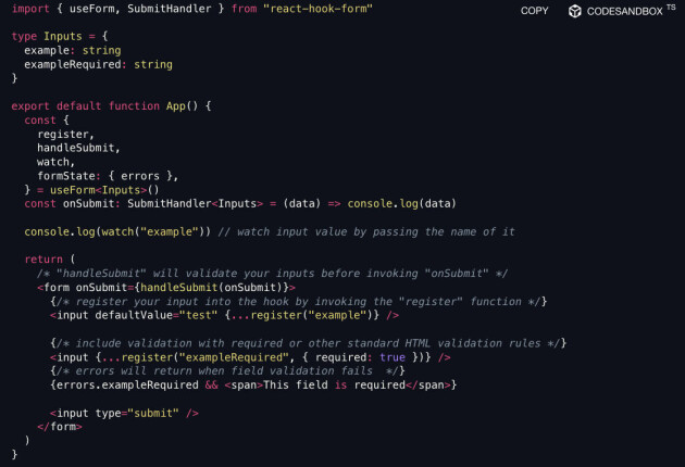 Eksempel på hvordan du implementerer et skjema med React Hook Form. 📸: React Hook Form