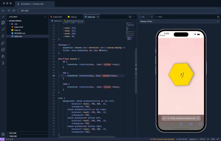 Google IDX er et web-basert utviklingsmiljø, som nå har fått innebygde emulatorer for Android- og iOS. 📸: Google