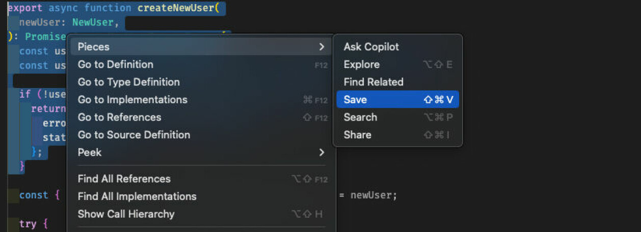 I VS Code kan du merke koden du vil lagre og trykke Shift-Cmd-V for å lagre den. Eller bruke høyreklikkmenyen, som på bildet.