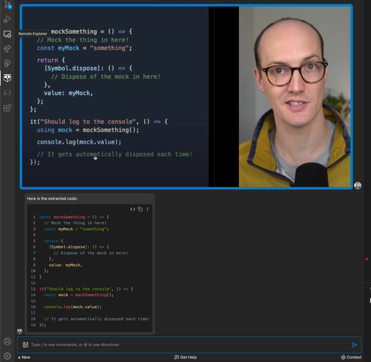 Genialt: Øverst er et skjermbilde fra en YouTube-video som jeg har limt inn i Pieces Copilot-chattevinduet i VS Code. Pieces henter automatisk ut koden fra skjermbildet, slik at du kjapt kan lime den inn i din egen kode.
