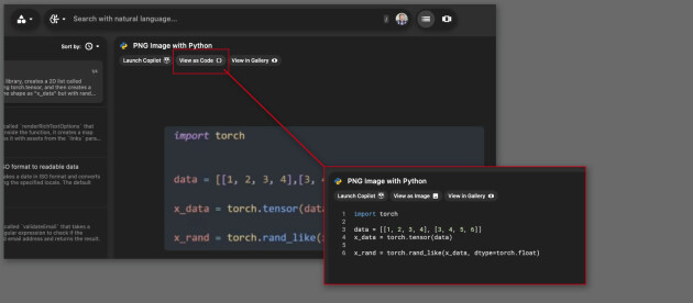 Her er et skjermbilde av Python-kode gjort om til tekst. Et trykk på 'View as code' i Pieces-appen endrer fra skjermbildevisning til kodevisning.