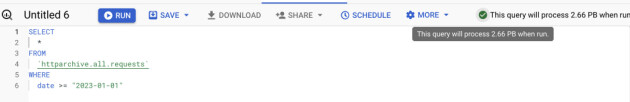 Denne SQL-spørringen mot HTTP Archives arkiv i Google BigQuery vil koste deg rundt 150.000 kroner. 📸: HTTP Archive
