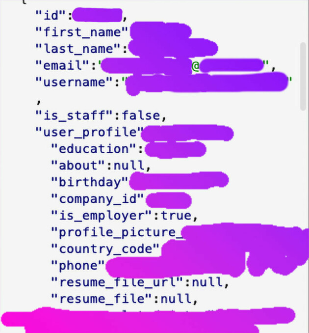 Data fra tilfeldig bruker i API-et til CVideo, slik han fikk det ut i Postman.