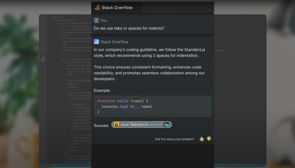 Stack Overflow lanserer et nytt API som gir Google og andre AI-selskaper tilgang til data fra selskapets kunnskapsbase. Skjermbildet er fra Stack Overflows kommende VS Code-tillegg. 📸:Stack Overflow (YouTube)