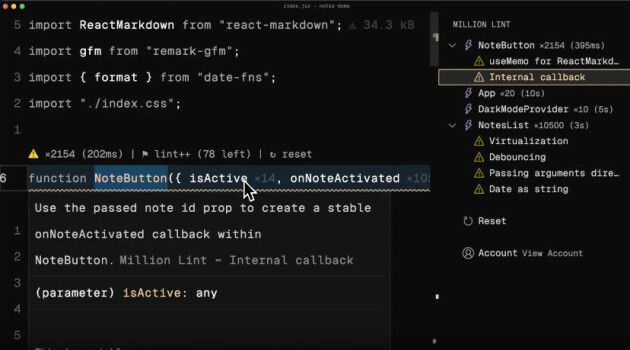 Million Lint++ bruker AI for å komme med forslag til hvordan koden kan optimaliseres. 📸: Million.js