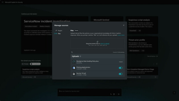 Du kan gi Copilot for Security tilgang til interne data bedriften har, for eksempel laste opp filer. 📸: Microsoft