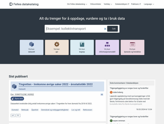 Du kan søke etter datasett og API-er og filtrere på dokumenttyper, om det er åpent eller lukket, og så videre.