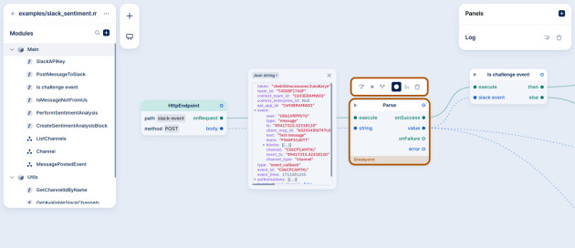 Slik ser en tidlig versjon av Midio ut. Her har utvikleren satt en breakpoint for å debugge en app som skal lese og behandle meldinger fra Slack. 📸: Midio