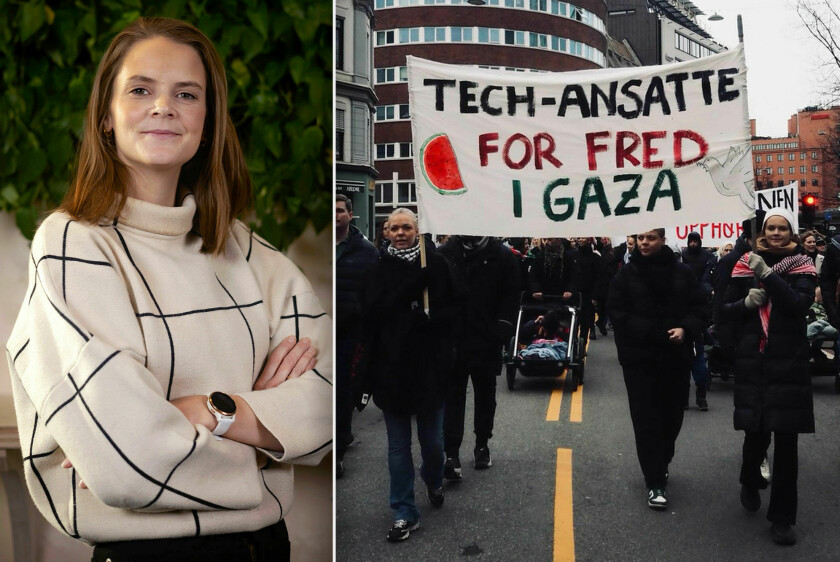 Siri Bruskeland var en av flere som gikk bak 'Tech-ansatte for fred i Gaza' under et demonstrasjonstog i Oslo nylig. 📸: Oda / Jannik Abel