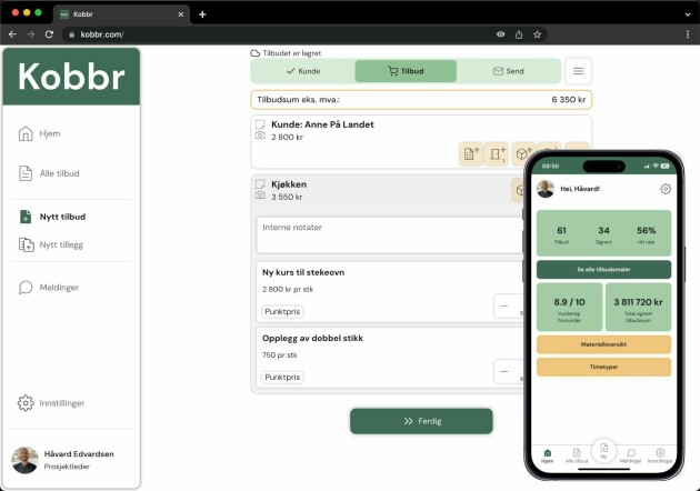 Slik ser Kobbr ut. Alt sammen er laget med no-code-verktøyet Bubble.io, med unntak av noen backend-integrasjoner. 📸: Kobbr