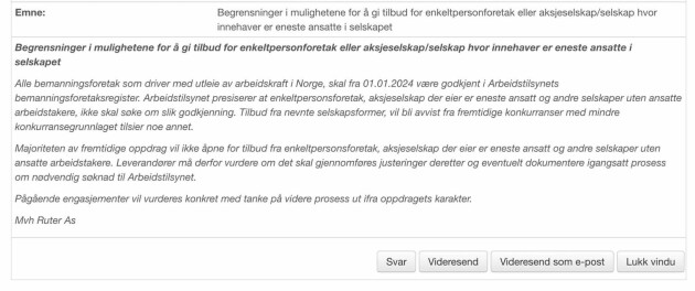 Meldingen som gikk ut fra Ruter om nye kjøreregler for innkjøp.