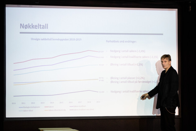 Geir Sverre Andersen fra Samordna opptak kommenterer opptakstallene for høyere utdanning under en pressekonferanse på OsloMet tirsdag. 📸: Audun Braastad / NTB