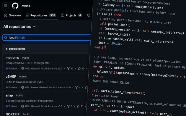 Meteorologisk Institutt har mye Fortran-kode, også en del åpen kildekode som ligger på instituttets Github.