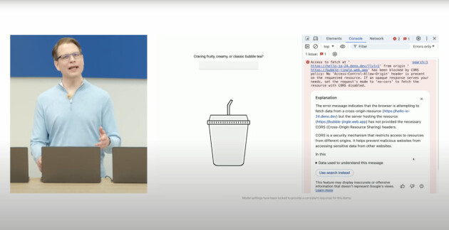 Googles John Dahlke viste frem den nye AI-assistenten i Chromes utviklerverktøy. 📸: Google (YouTube)