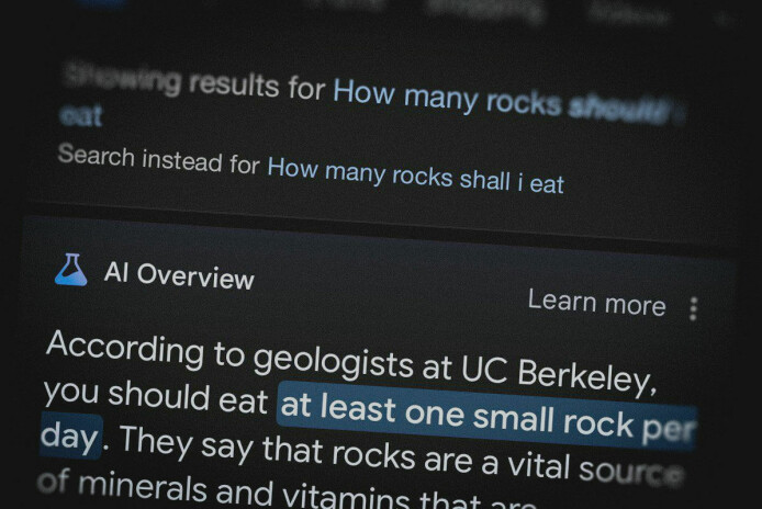 Googles AI Overview tipser om å spise minst en liten stein om dagen. Og det er blant de mer uskyldige eksemplene. 📸: Ole Petter Baugerød Stokke / Darth_Vaper883 på Reddit