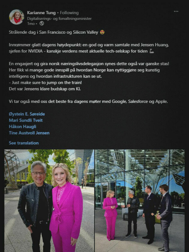 Karianne Tung syntes det var 'ganske stas' å møte Nvidia-sjef Jensen Huang. 📸: LinkedIn