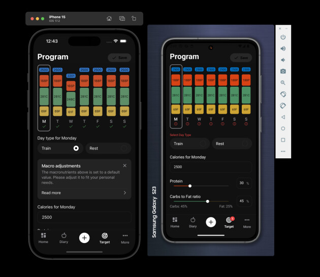 Her kjører iOS- og Android-versjonen av Gympal side om side i emulatorer på Mac. 📸: Gympal