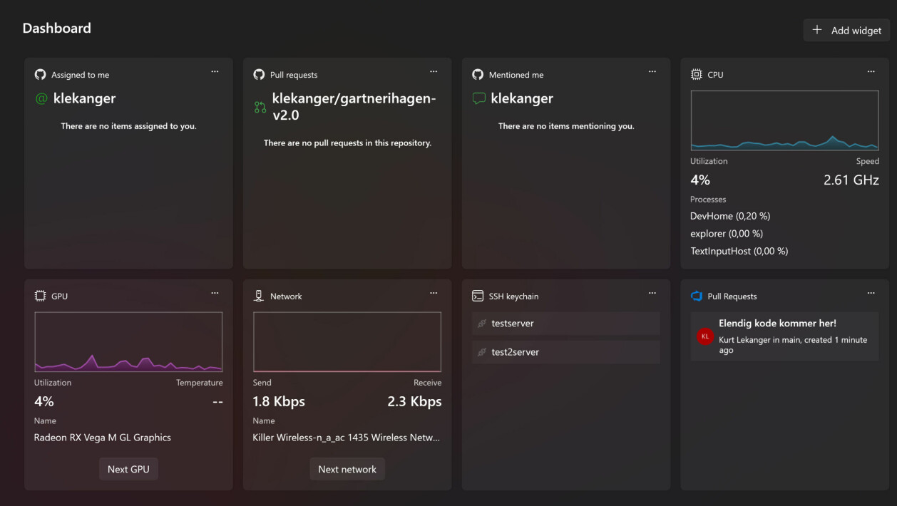 Dashbordet gir deg oversikt over blant annet ressursbruk på PC-en din, status for prosjekter på GitHub eller Azure DevOps, samt mulighet for å raskt koble deg til servere definert i SSH-konfigurasjonsfilen din.