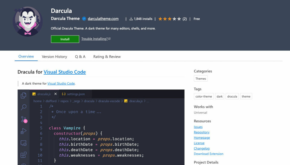 Darcula er en falsk versjon av det populære Dracula-temaet. 📸: Skjermbilde fra VS Code Marketplace